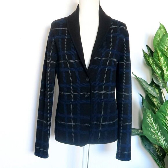 Margaret O'Leary Black Plaid Merino Wool Knit Long Sleeve Cardigan Sweater - Picture 2 of 10